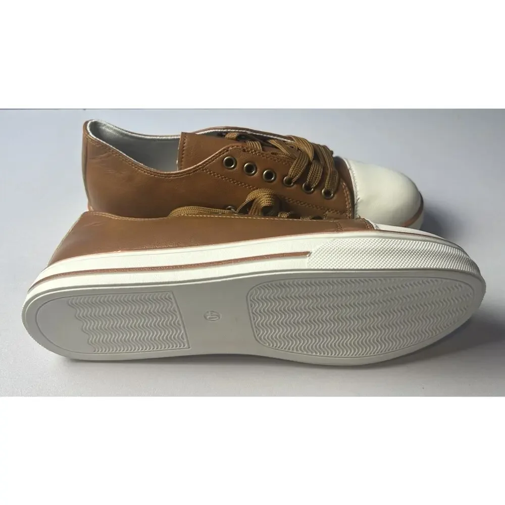 Women’s Brown Cream Cap Toe Lace-Up Fashion Sneakers EU 40 US 9